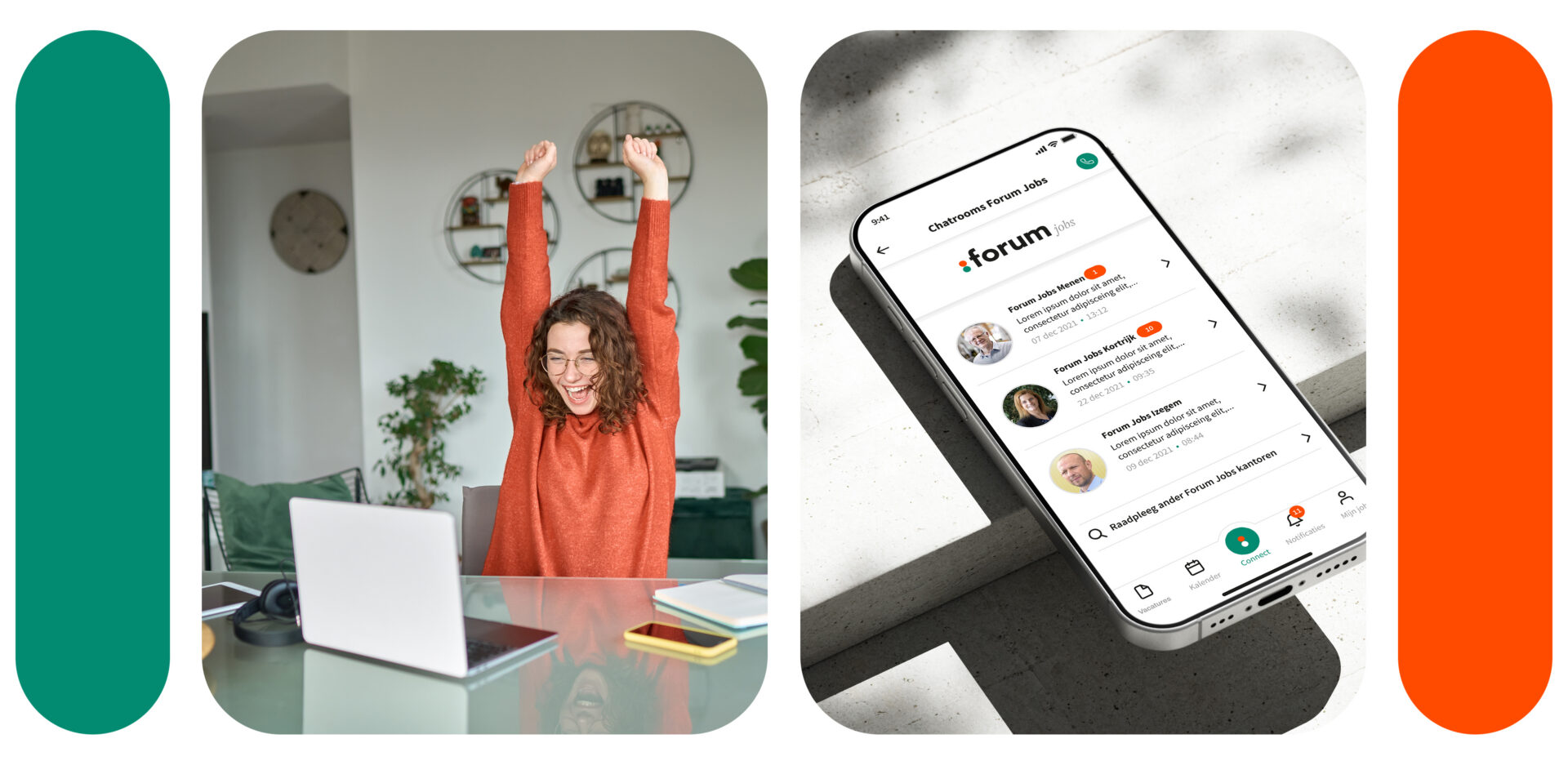 A girl showing happy emotion next to a mockup of a forumjobs chatbot