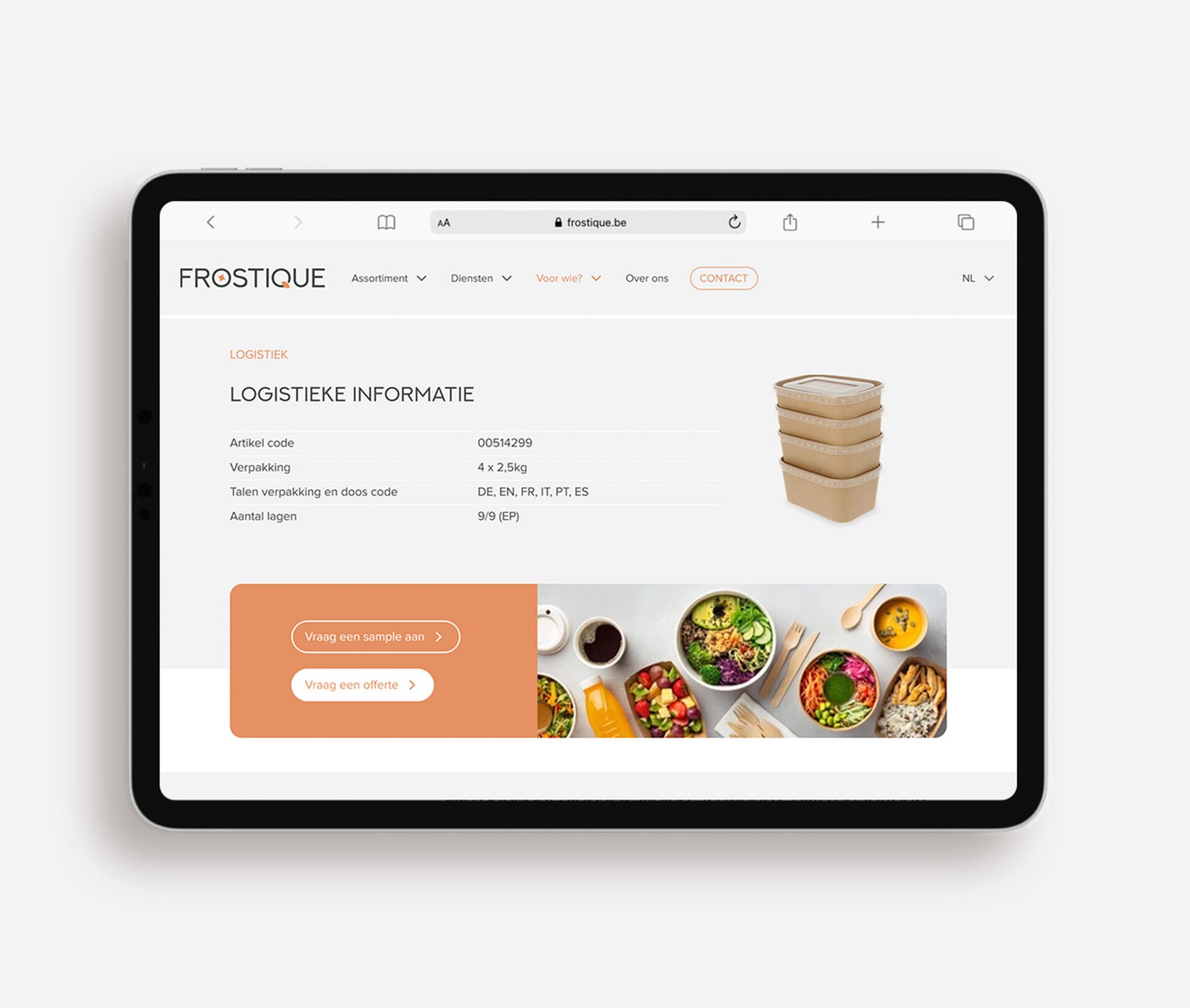 Frostique logistieke product info huisstijl en website Brand design UXUI Ipad liggend half page 2x