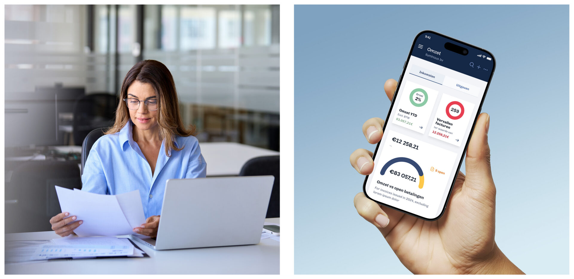Image of a business women next to an image of a responsive phone mockup of the vandelanotte dashboard